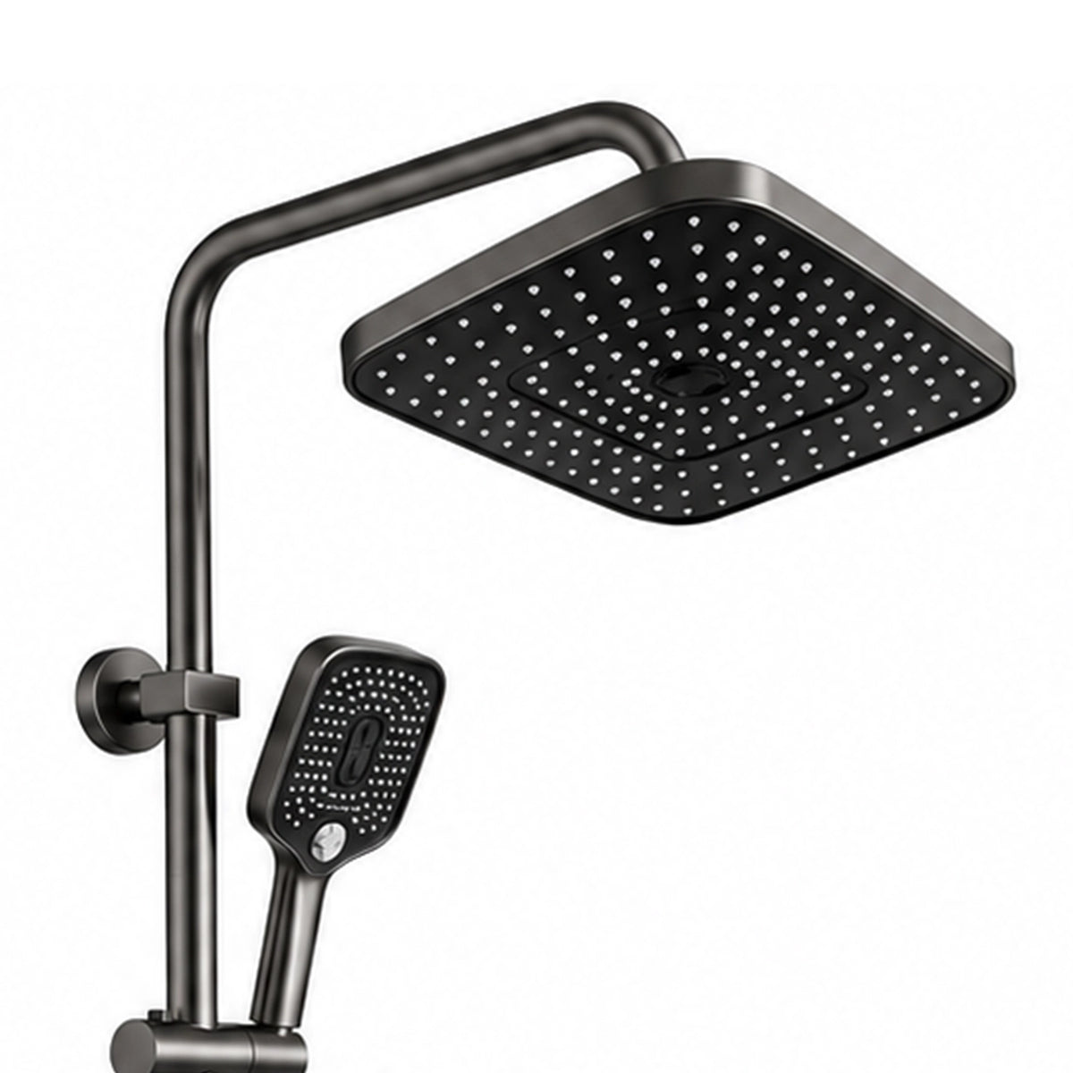 Square overhead shower paired with handheld, curved pipe connection