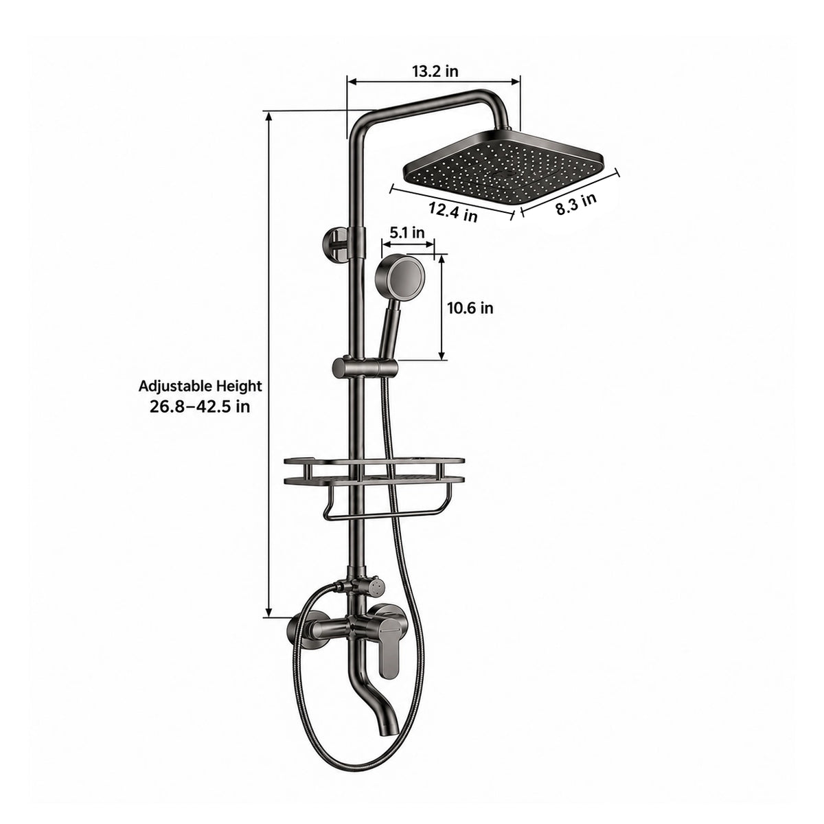 Wall‑mount dual shower system with shelf, 8.3in