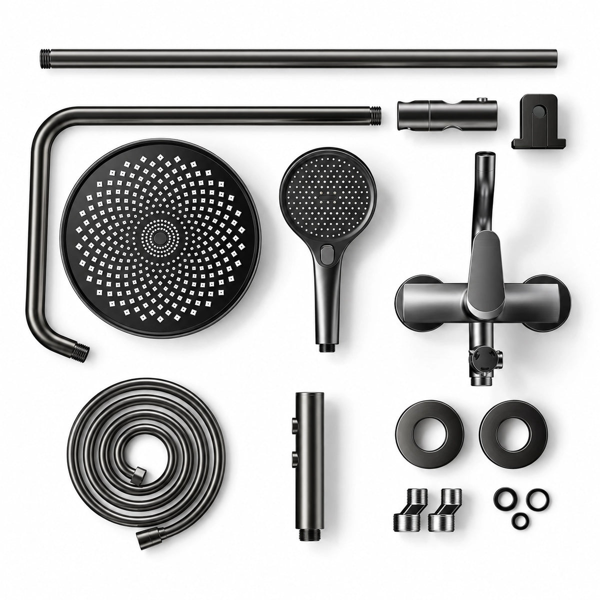 Disassembled shower parts, top‑down flat lay view of all components