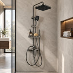 Gray 4‑way shower set, shower room with light grey stone tiles