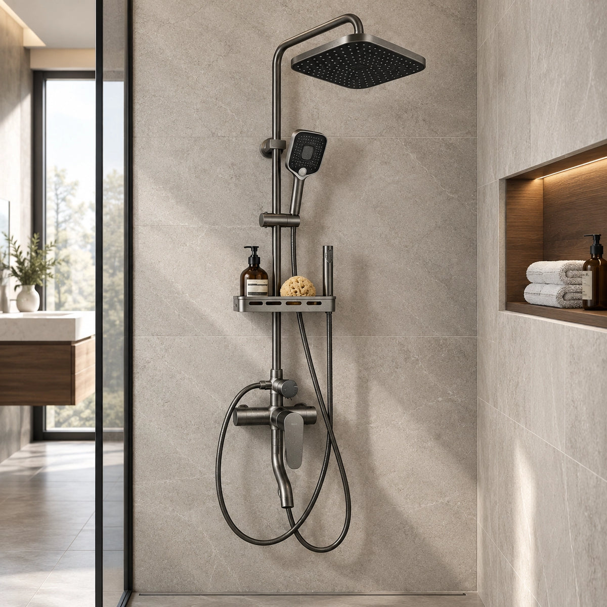 Gray 4‑way shower set, shower room with light grey stone tiles