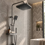 Gray square rain shower spraying water, herringbone tile bathroom