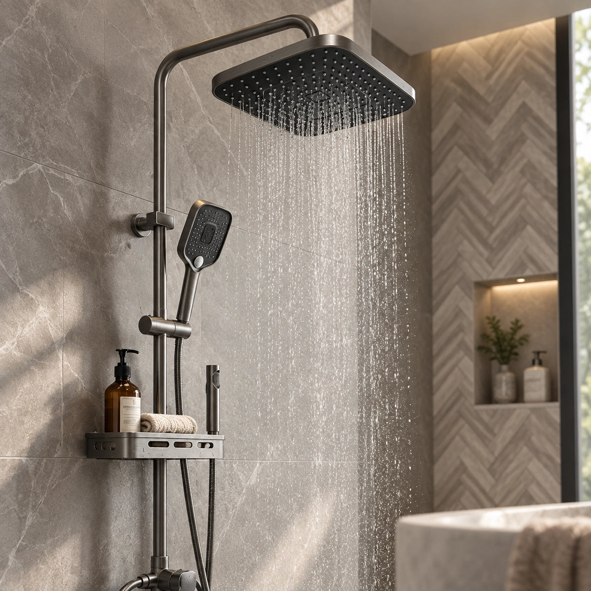 Gray square rain shower spraying water, herringbone tile bathroom