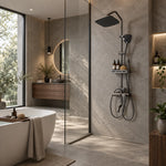 Gray shower system, spacious bathroom with freestanding bathtub