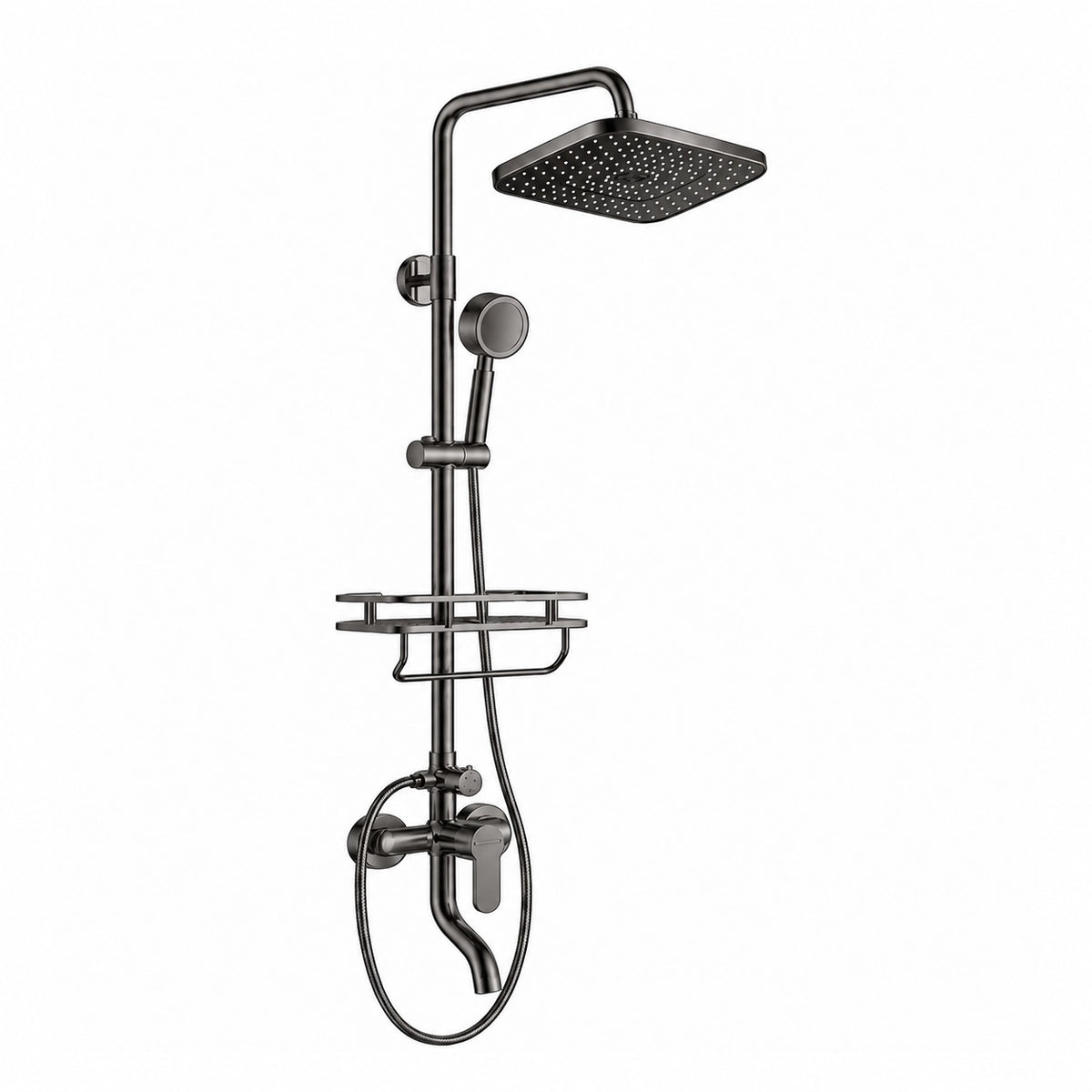 Exposed shower set, gray finish, fitted with double storage shelf