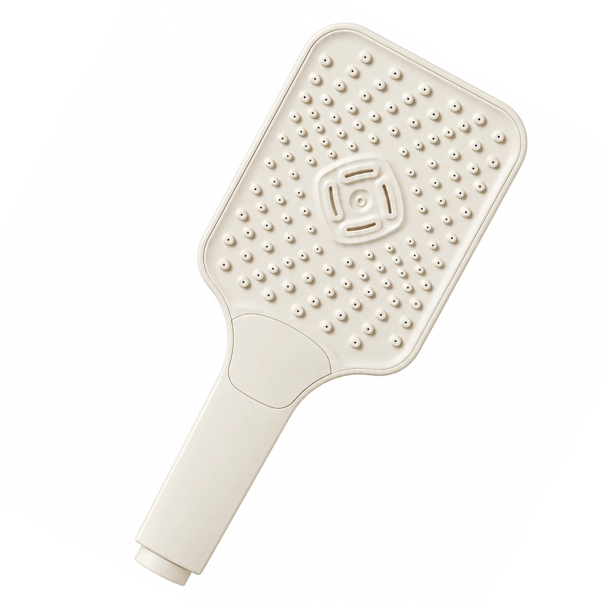 Close‑up of square handheld shower head with multi‑nozzle face