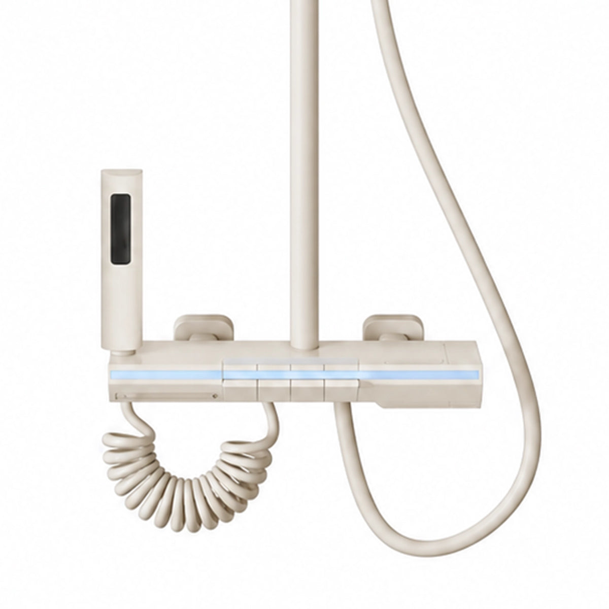 Shower valve panel, ambient light strip and coiled spray hose