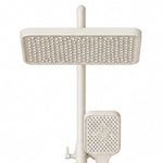 Close‑up of square overhead shower and matching handheld sprayer