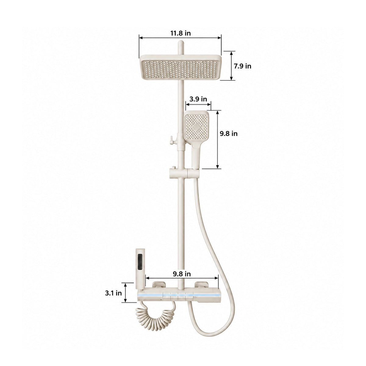 Cream 4-function exposed shower set. Rain head 11.8×7.9in, handheld 9.8in, valve 9.8×3.1in