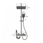 Gray 4-function exposed shower set. Rain head 11.8×7.9in, handheld 9.8in, valve 9.8×3.1in