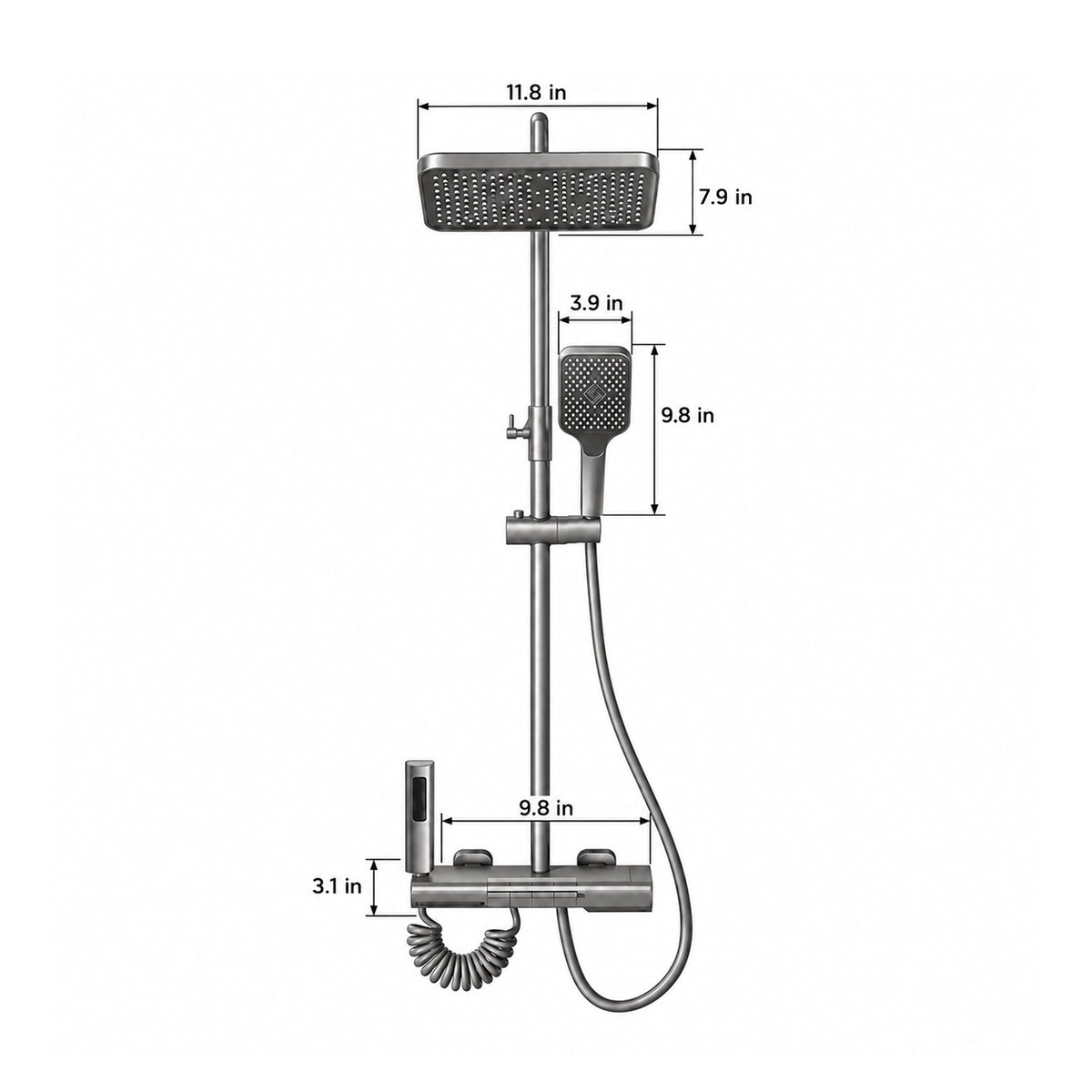 Gray 4-function exposed shower set. Rain head 11.8×7.9in, handheld 9.8in, valve 9.8×3.1in
