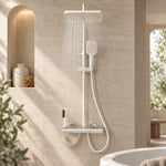 Cream shower system, bathroom with arched shower niche