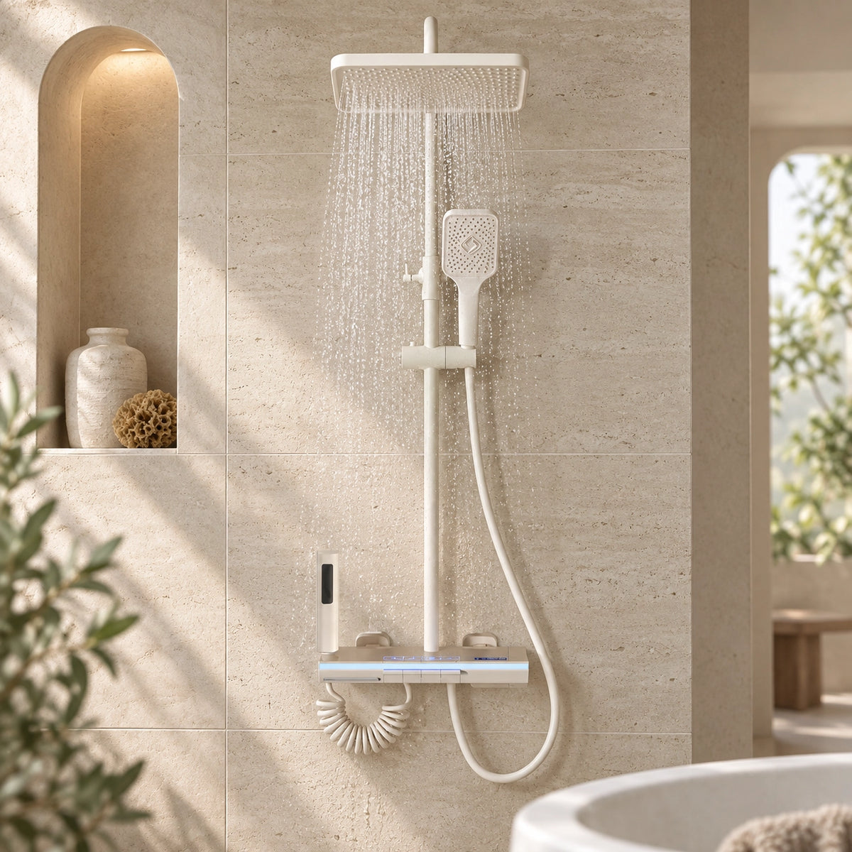 Cream shower system, bathroom with arched shower niche