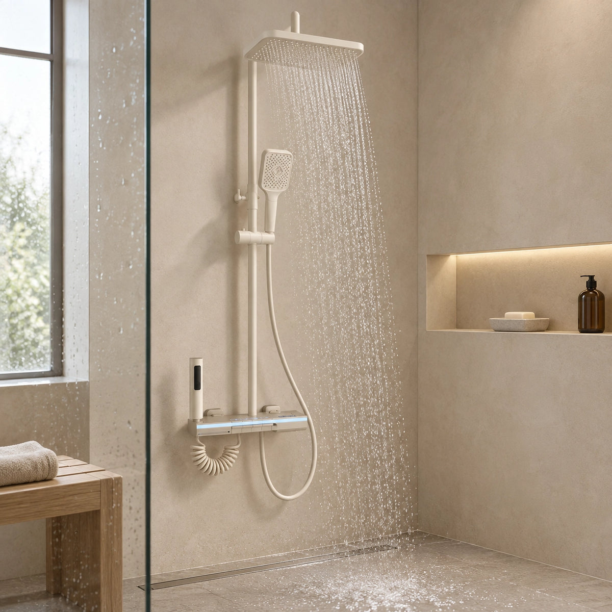 Cream square rain shower spraying water in glass enclosed shower space