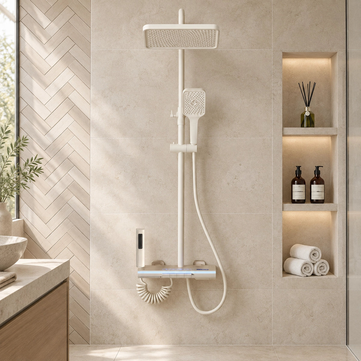 Cream 4‑function shower set, bathroom with herringbone tiled wall