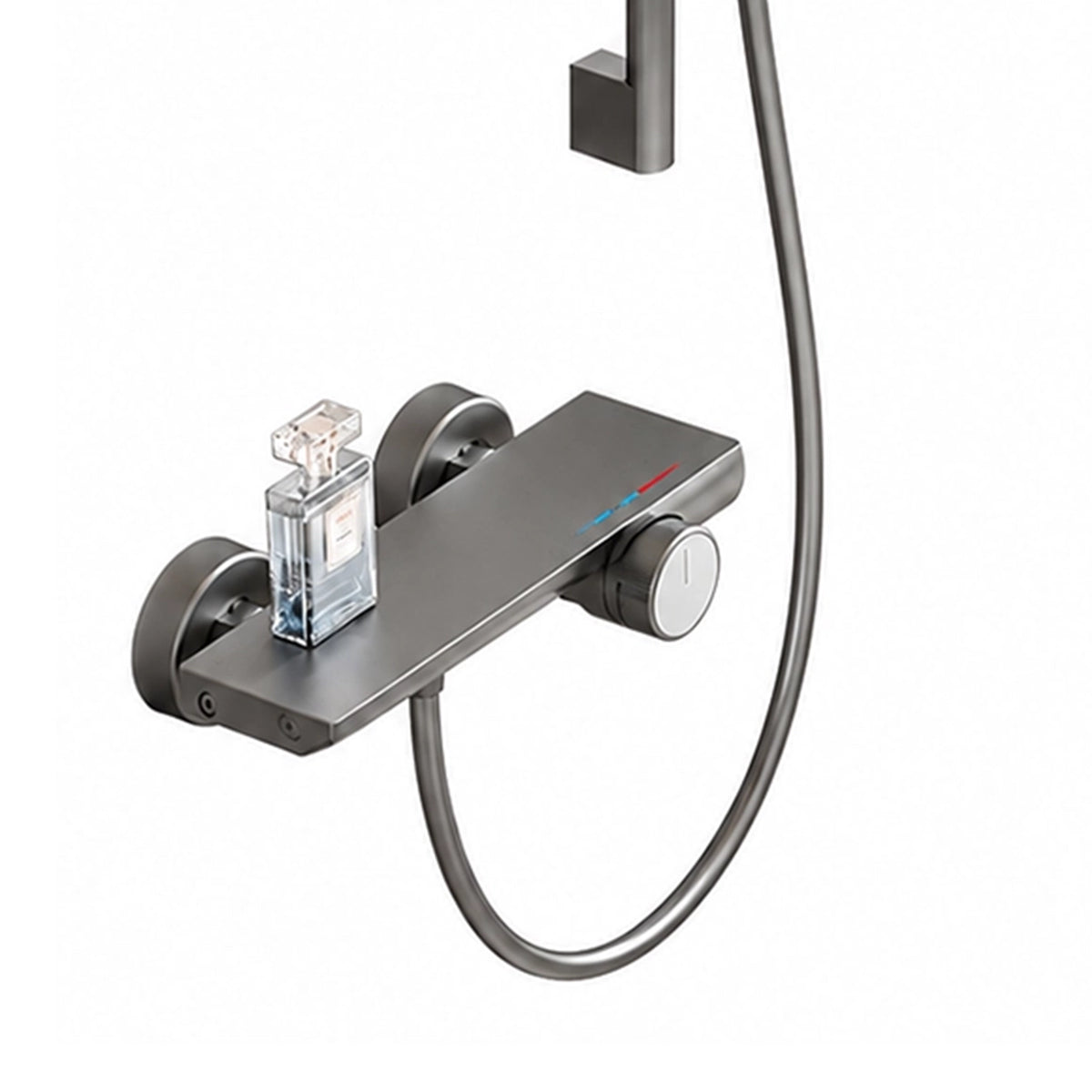 Close‑up shower shelf, control knob and hot‑cold indicator marks