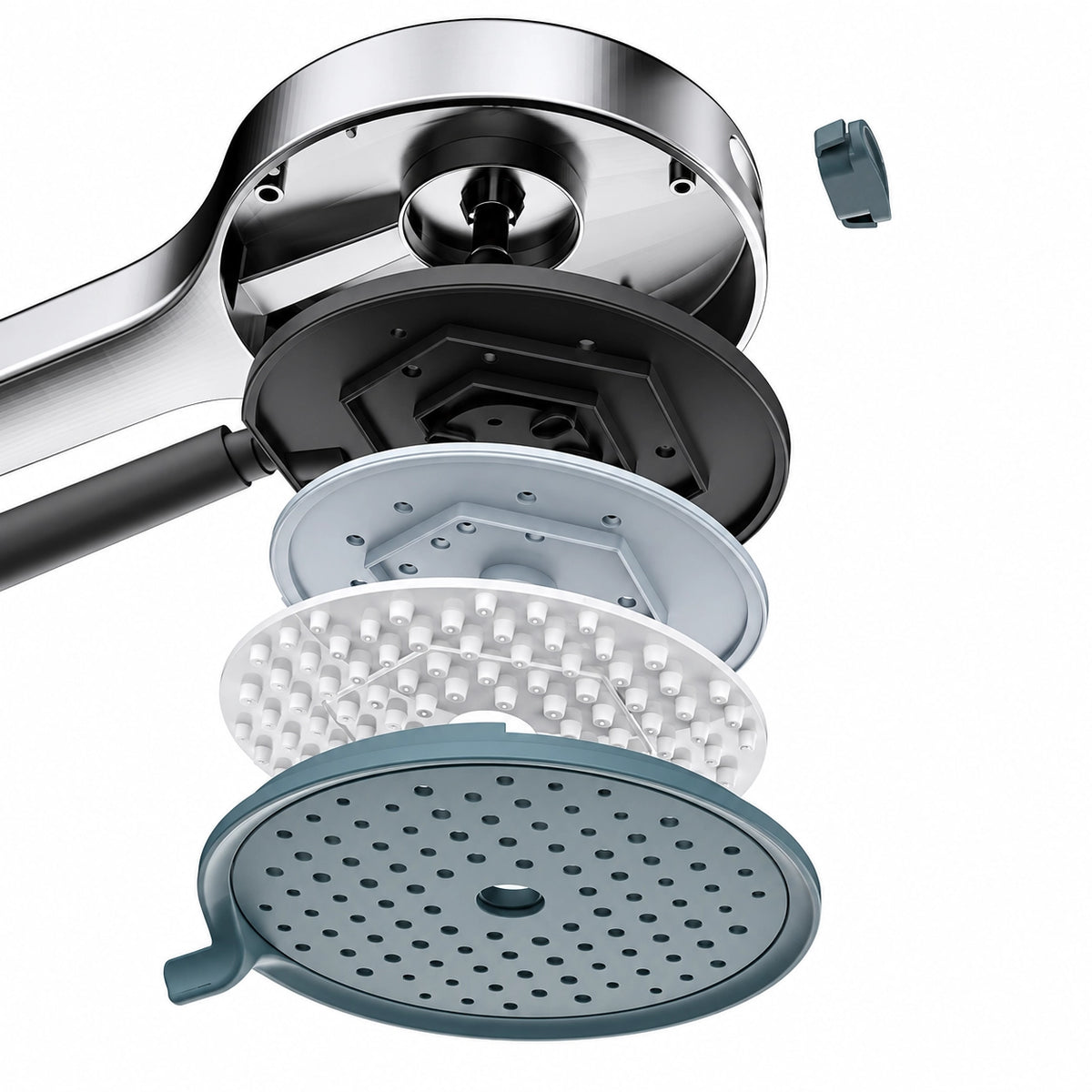 Exploded view of handheld shower, internal component layers