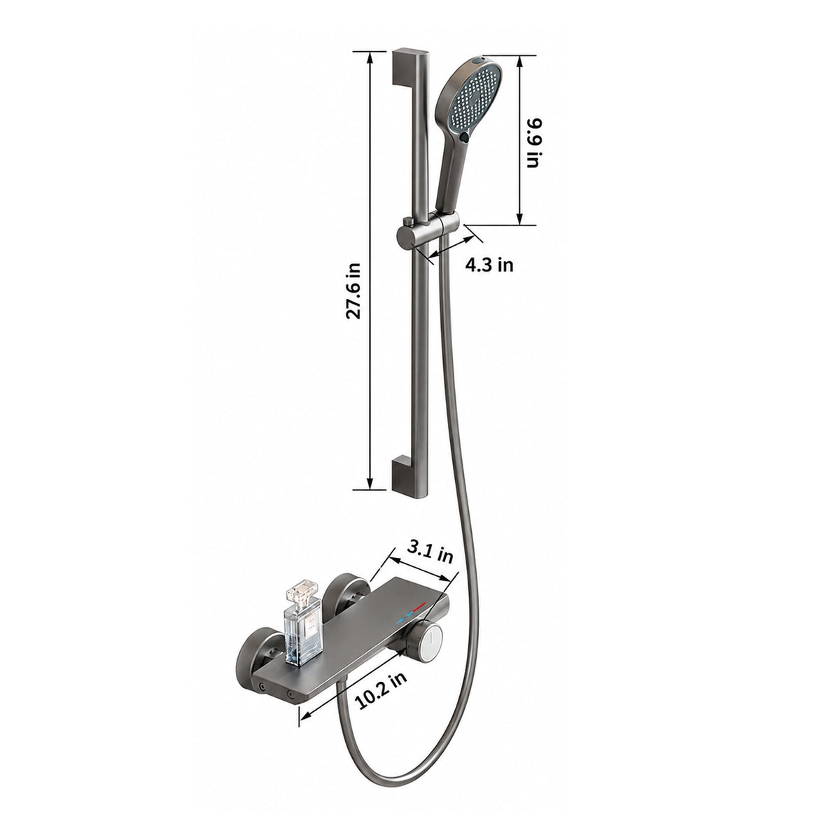 Gunmetal slide bar shower set. Slide bar 27.6in, valve 10.2in, handheld 9.9in