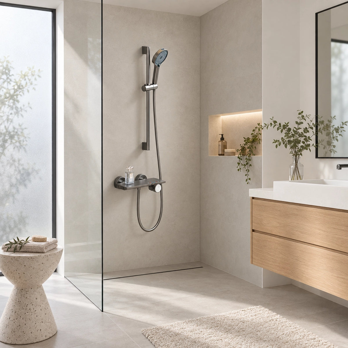 Exposed gunmetal shower kit in spacious bathroom with large window