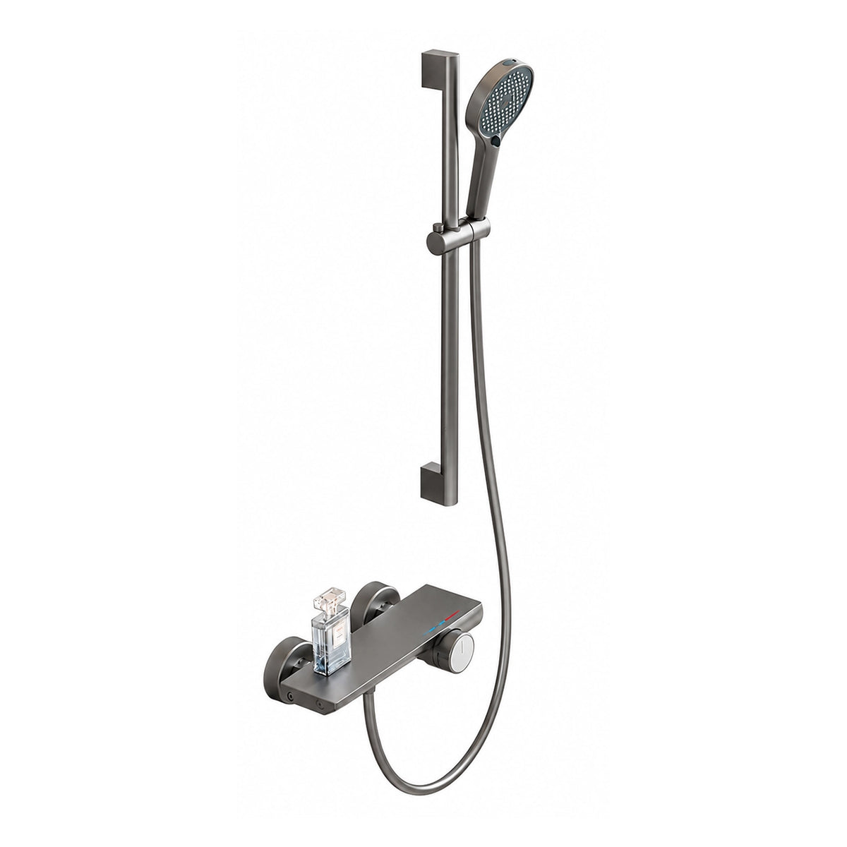 Slide bar shower system, gunmetal finish, with storage shelf