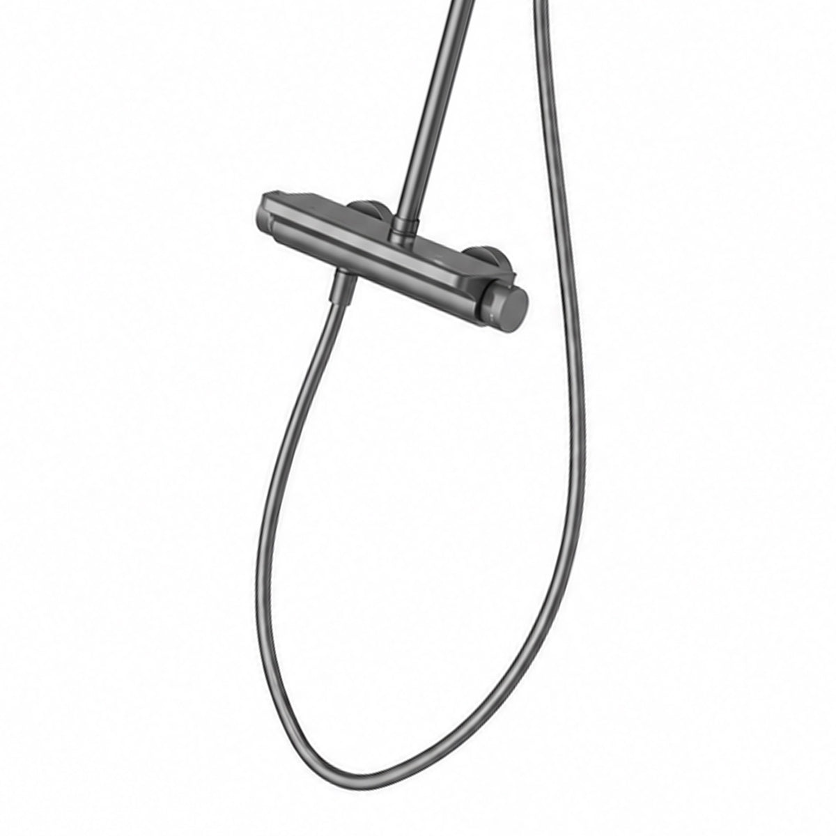 Close‑up of gunmetal mixer valve and flexible hose connection