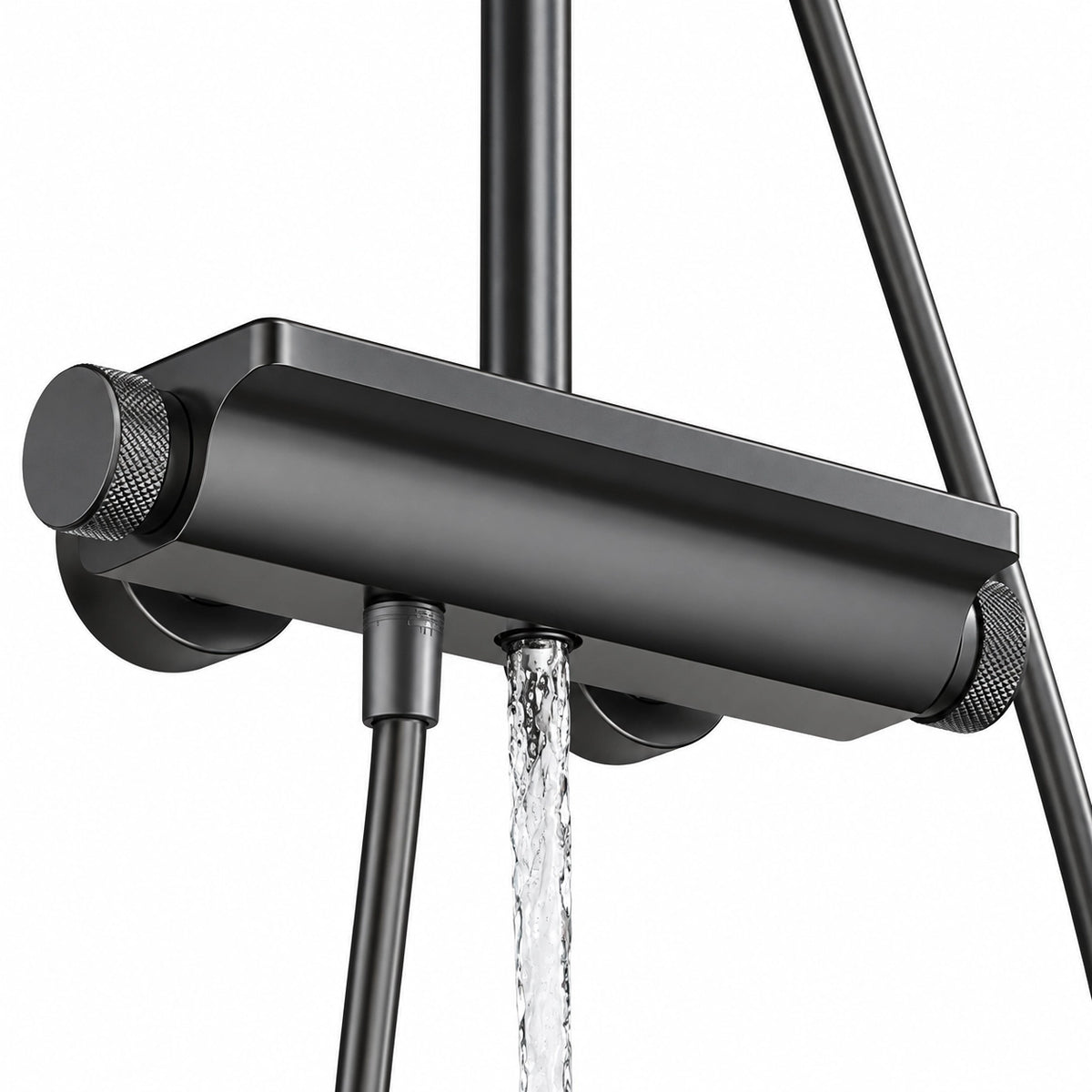 Close‑up gunmetal control knobs with running water demo