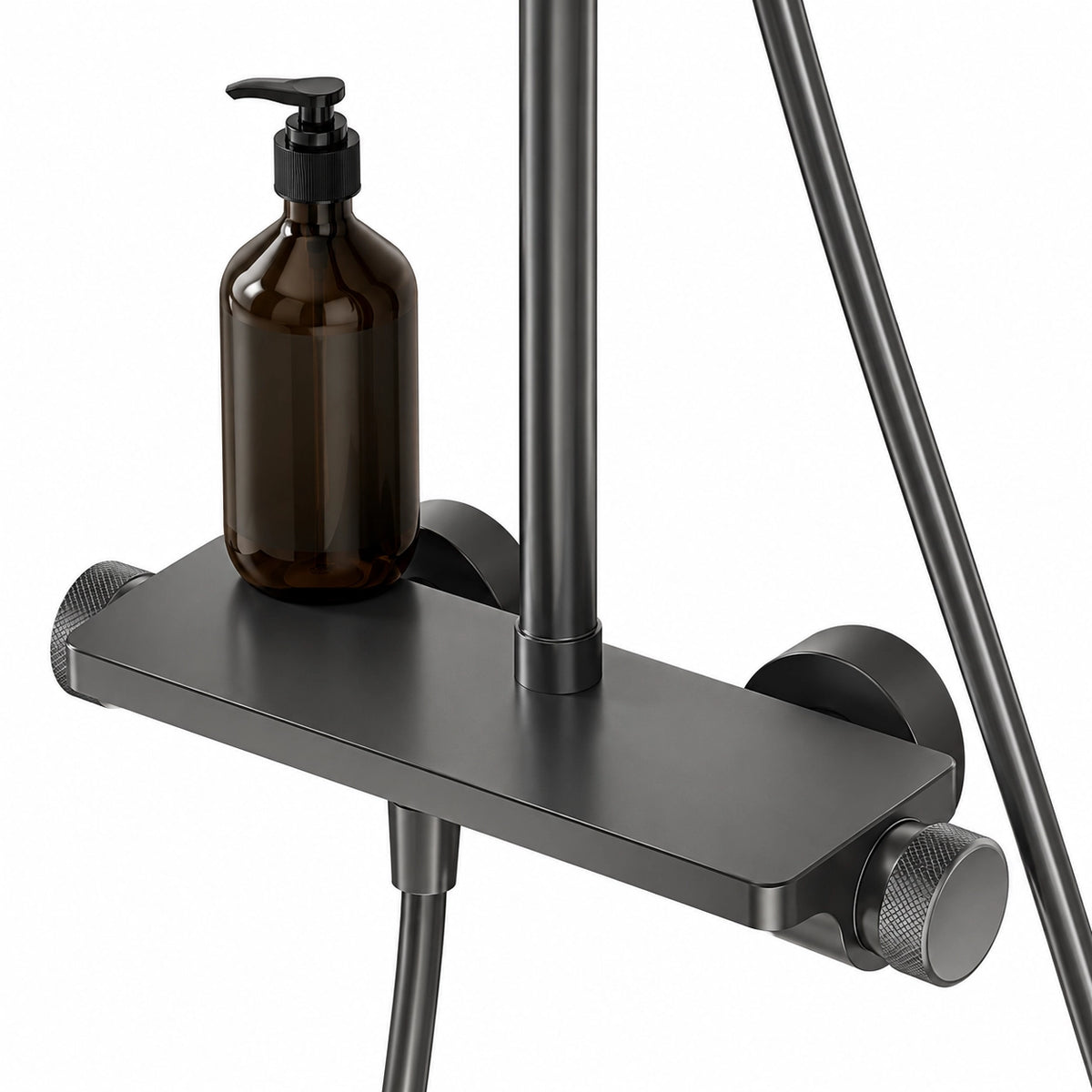 Close‑up shower shelf holding bath bottle, gunmetal finish