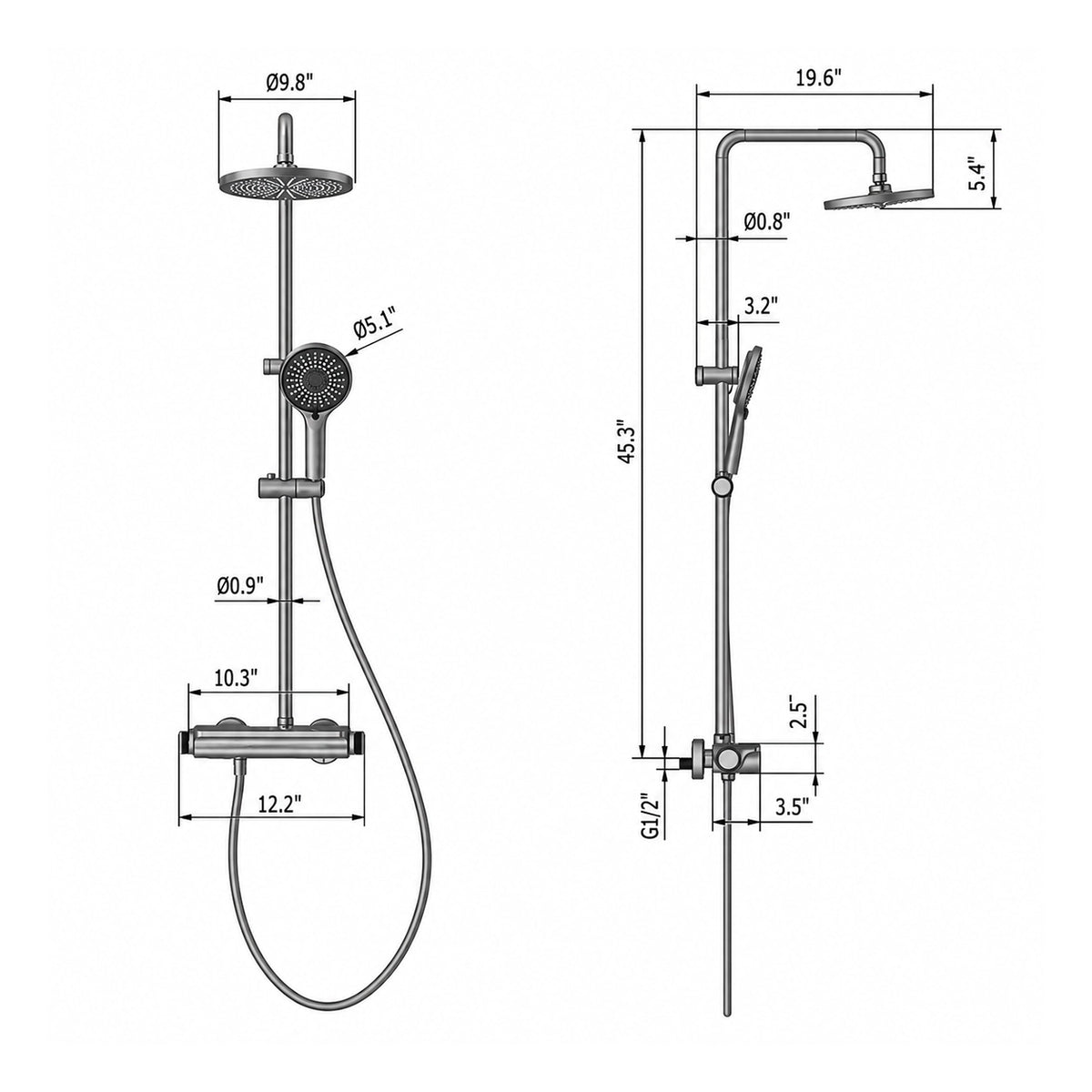 Gunmetal exposed shower set. Rain head 9.8", handheld 5.1", total height 45.3"