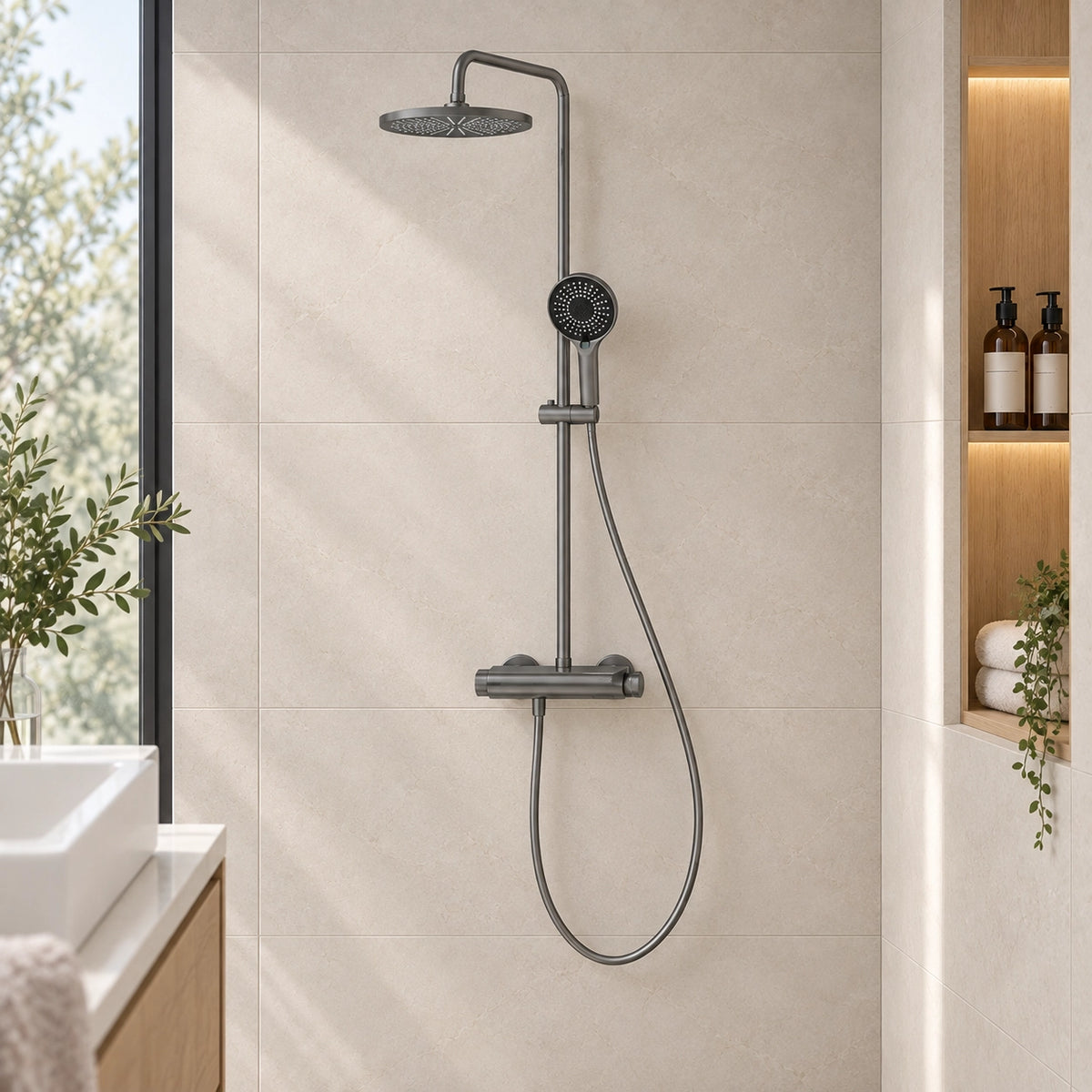 Gunmetal round shower set in bright bathroom with built‑in niche