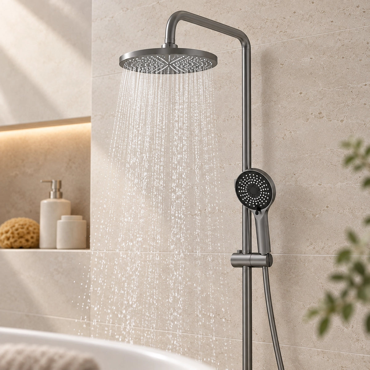 Gunmetal dual shower system spraying water on textured tile wall