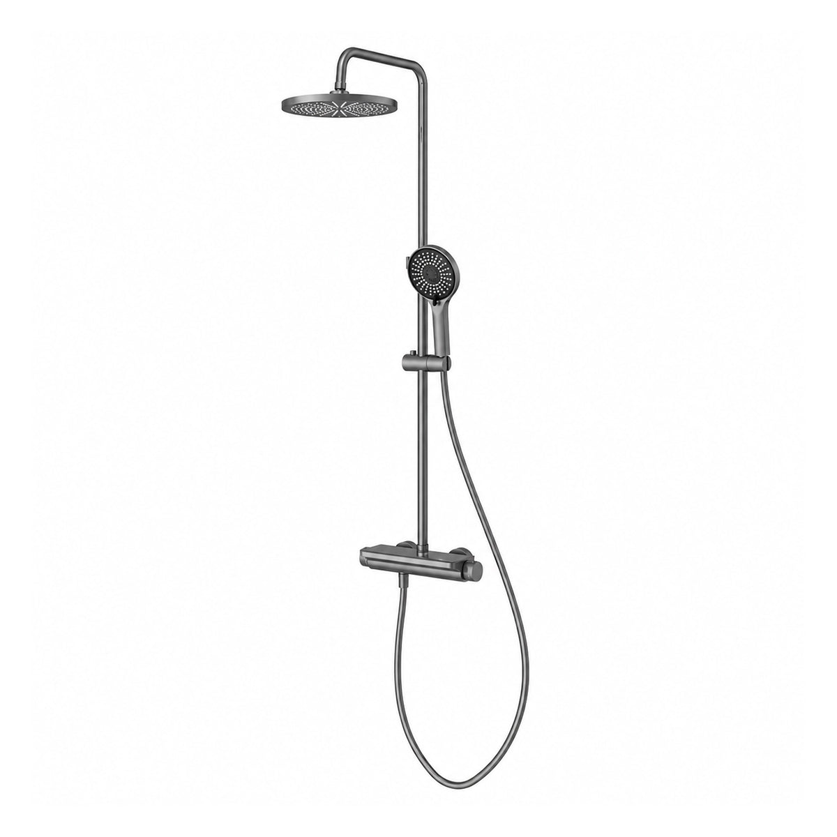 Exposed shower system, gunmetal, round rain shower & multi‑function handheld spray