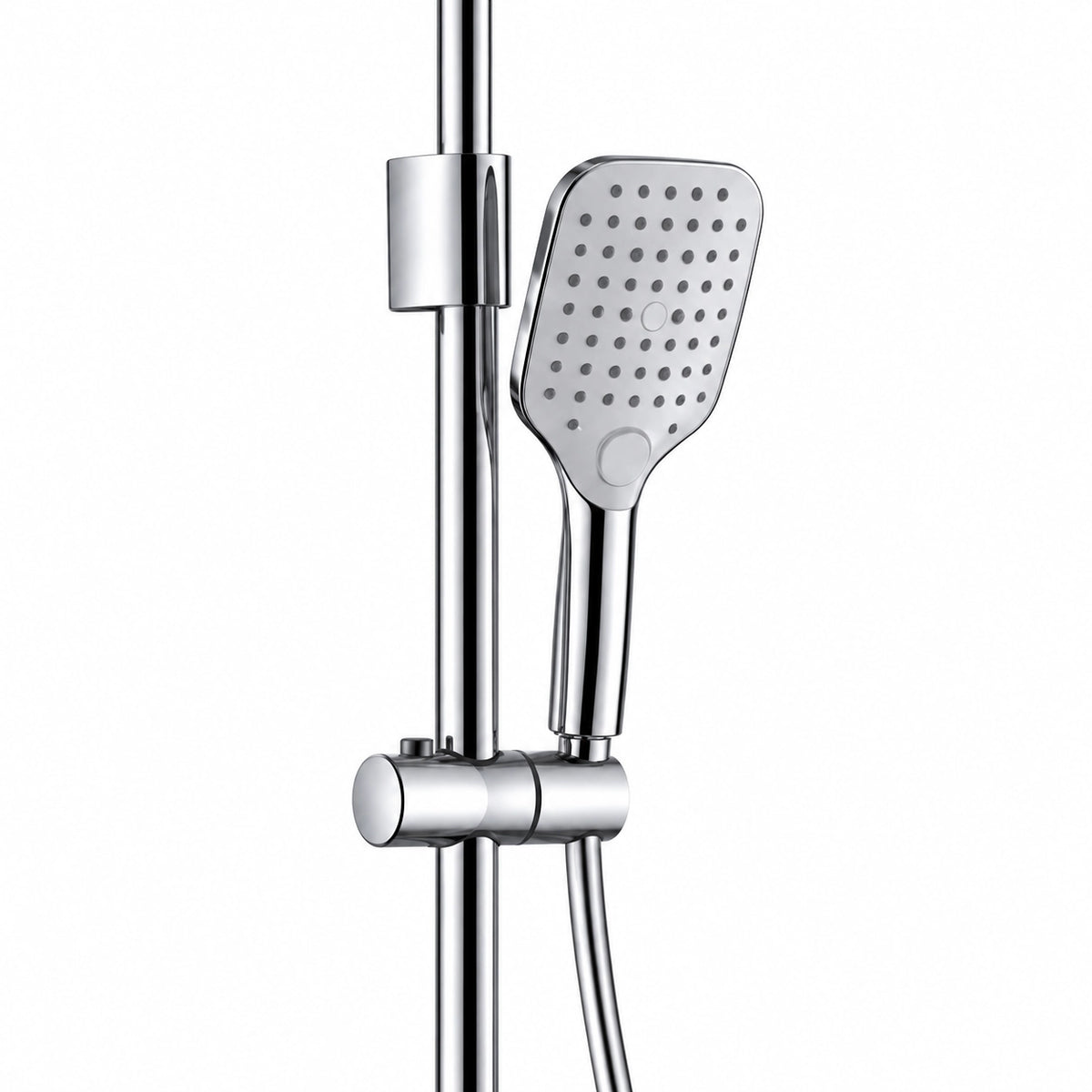 Close‑up of square handheld shower, slider & diverter valve