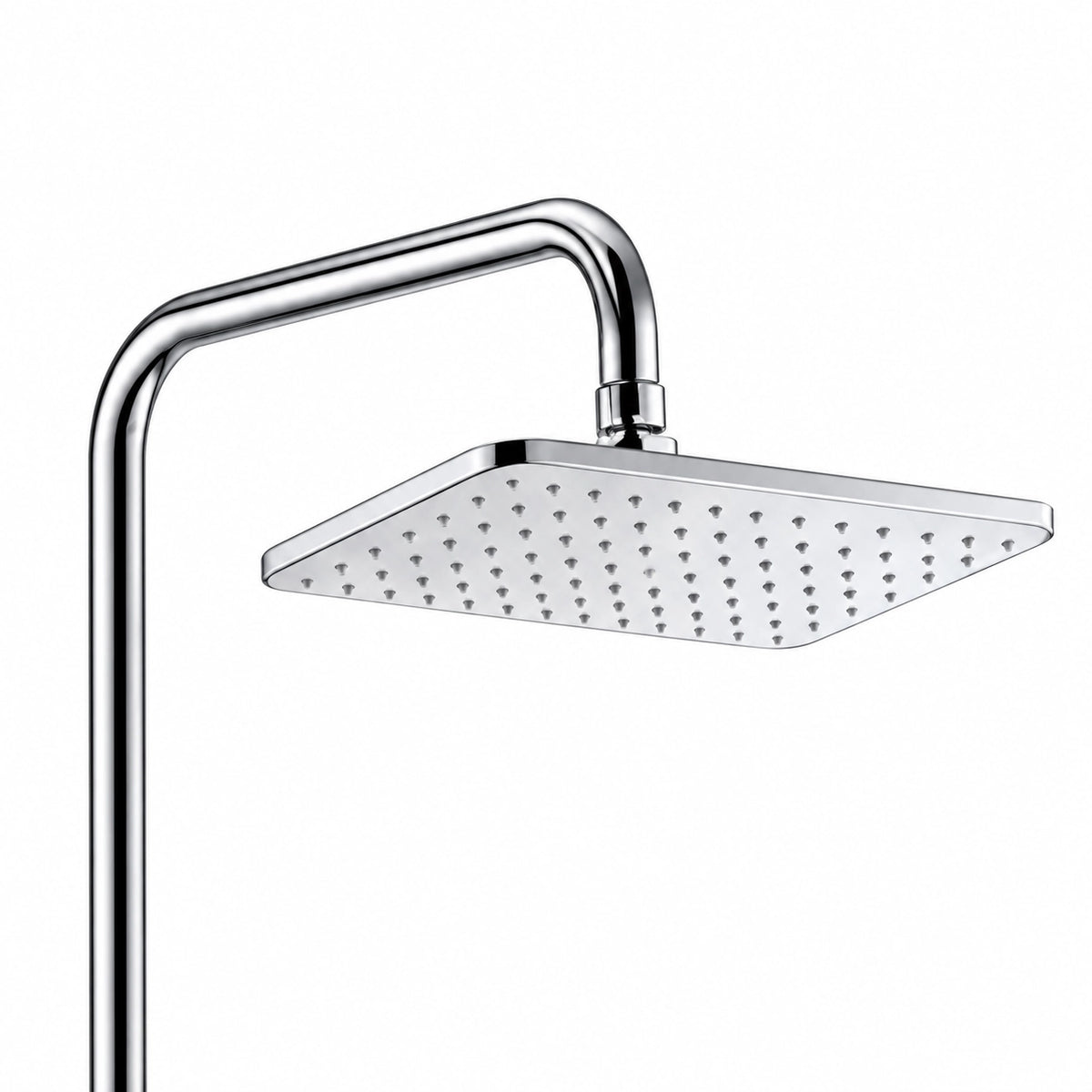 Close‑up of square rain shower head with chrome curved arm