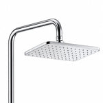 Close‑up of square rain shower head with chrome curved arm