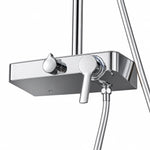 Close‑up shelf mixer valve with dual control knobs
