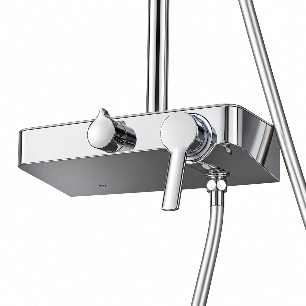 Close‑up shelf mixer valve with dual control knobs