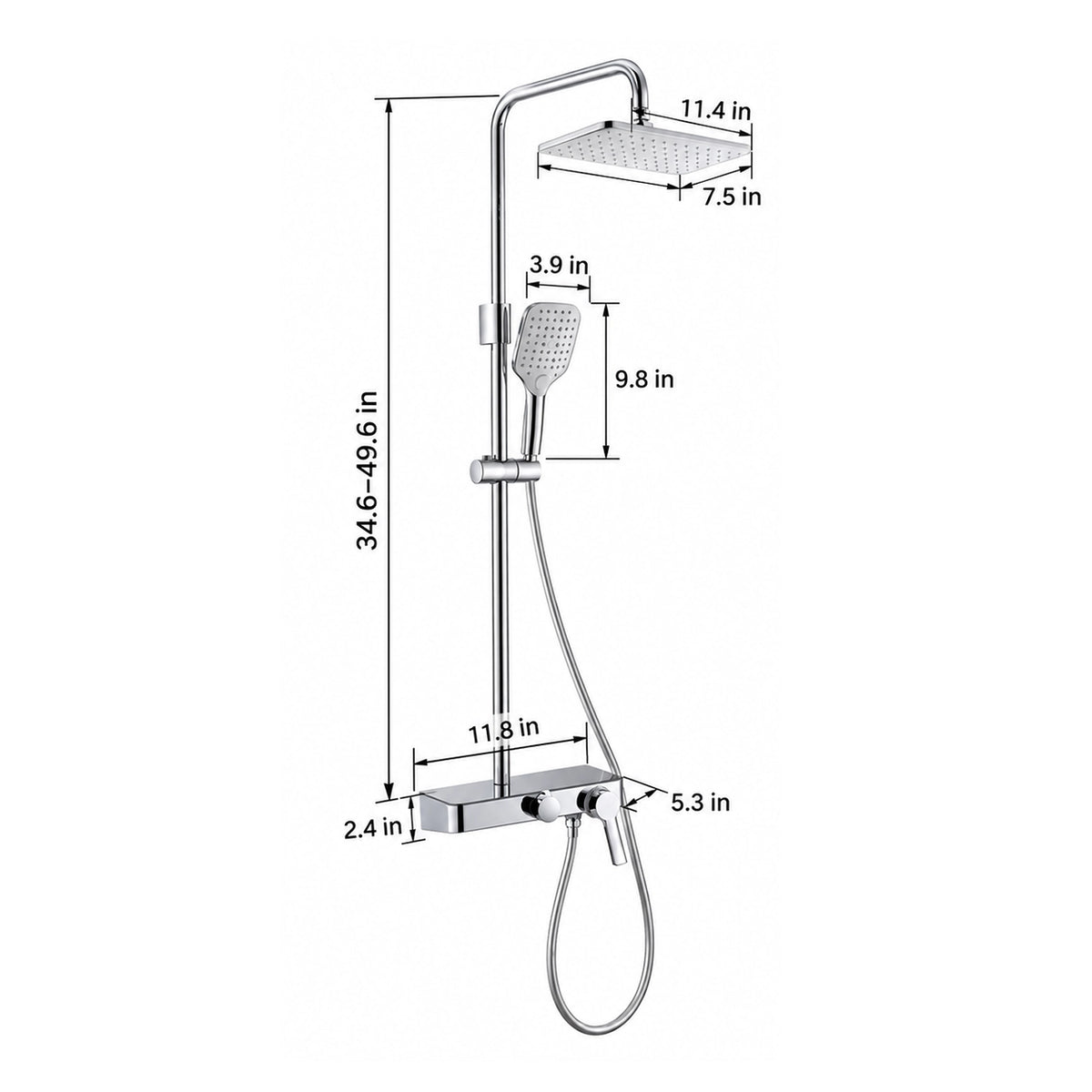 Square exposed shower system. Rain head:11.4×7.5in, adjustable riser:34.6–49.6in