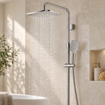 Dual shower set in bathroom with recessed wall niche