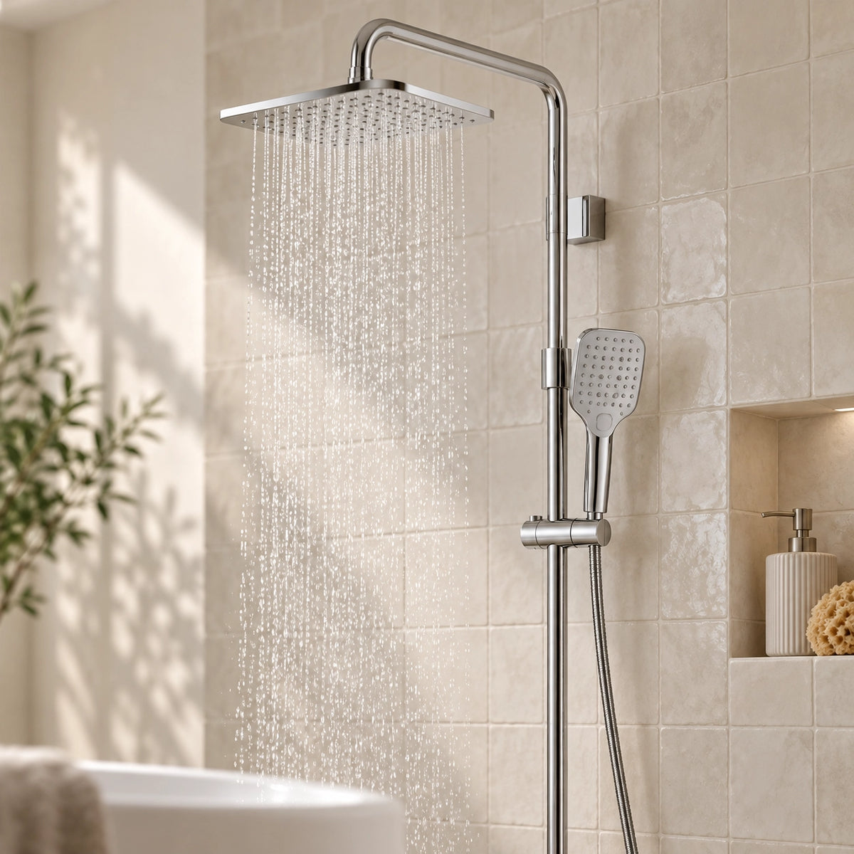 Dual shower set in bathroom with recessed wall niche