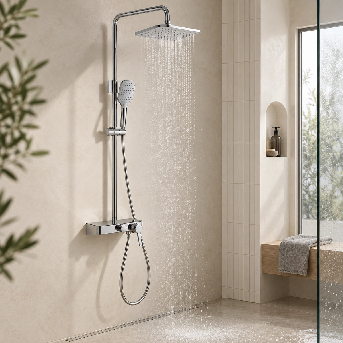 Exposed slide bar shower system in bright full‑view bathroom