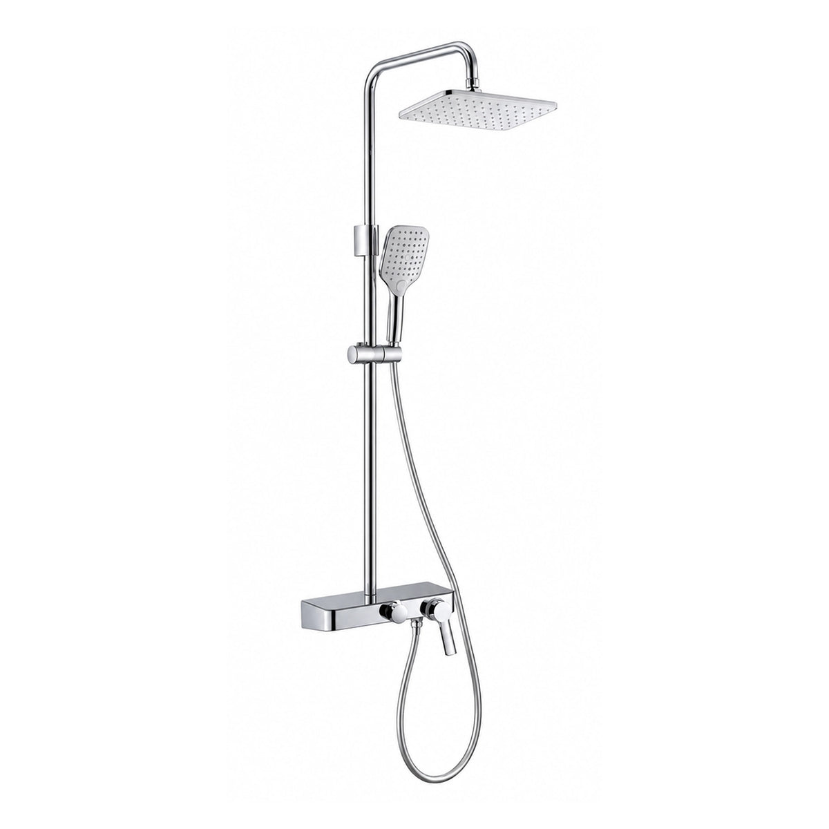 Exposed shower system, chrome finish, rain head plus handheld spray