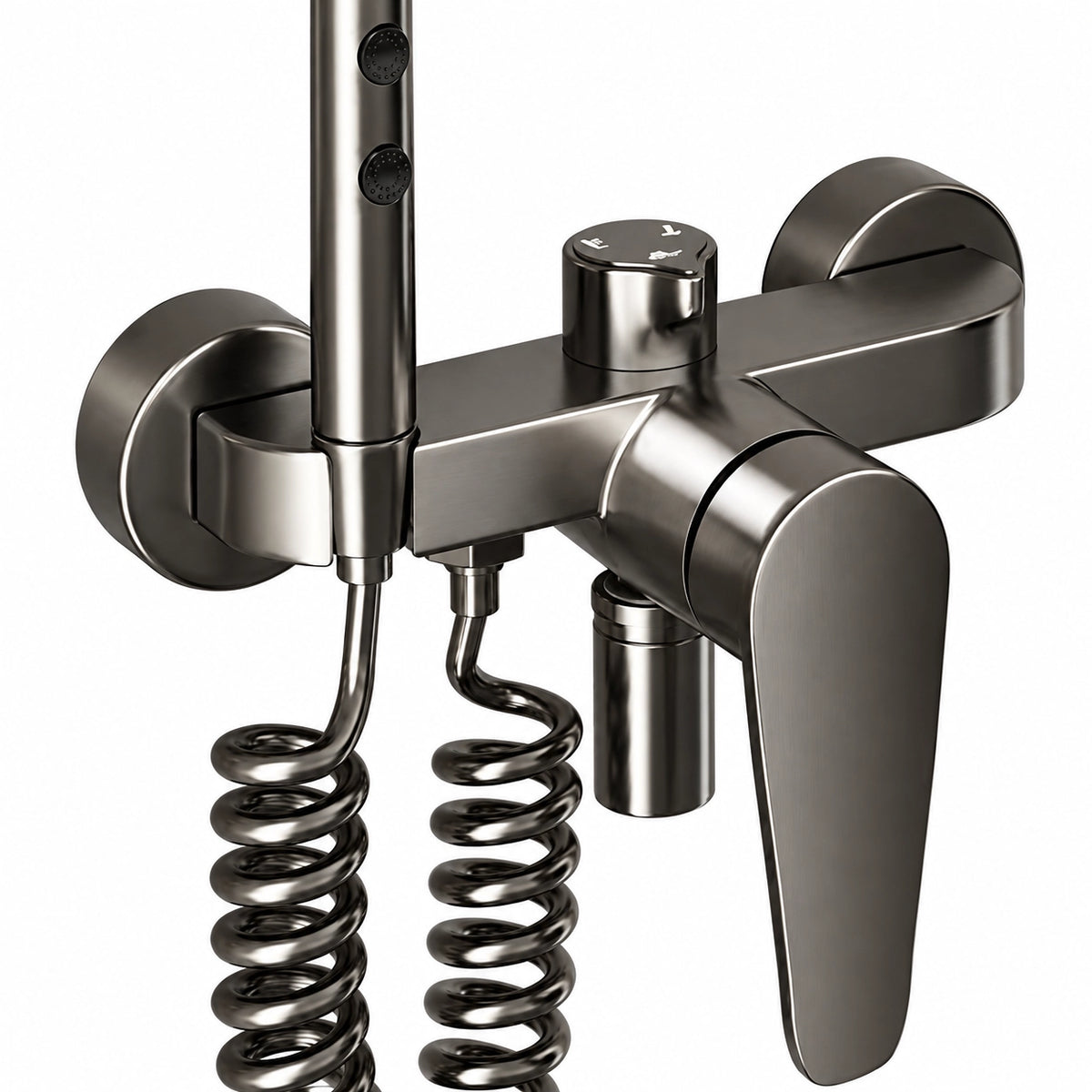 Closeup of valve diverter and flexible spring hose connector