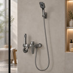 Gunmetal 3-way shower set mounted on tiled bathroom wall
