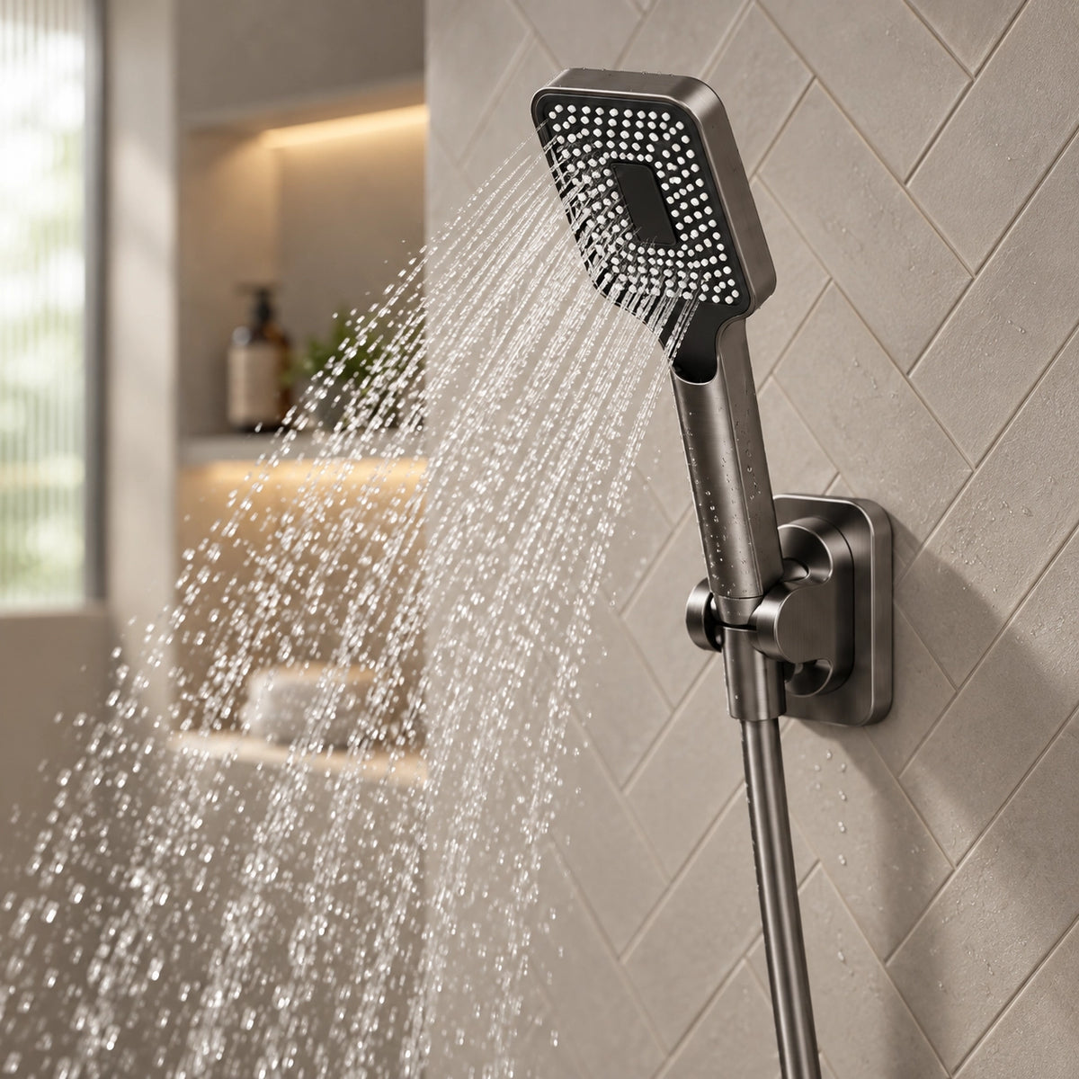 Handheld shower spraying water in herringbone tile bathroom