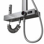 Shower valve close‑up, with digital temperature display & function buttons