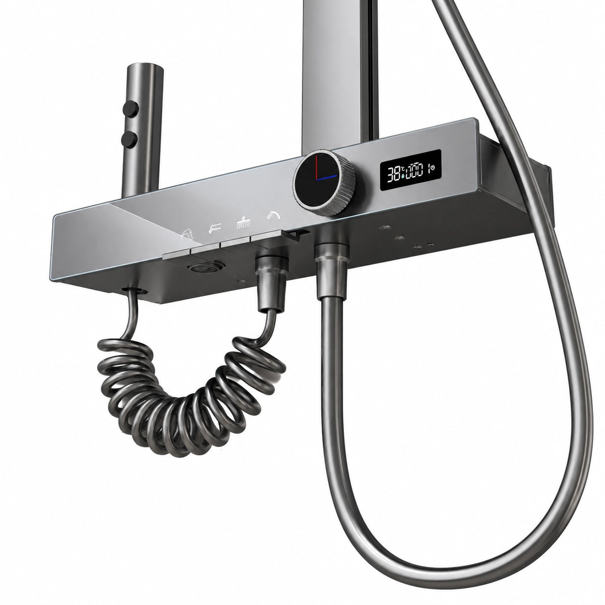 Shower valve close‑up, with digital temperature display & function buttons