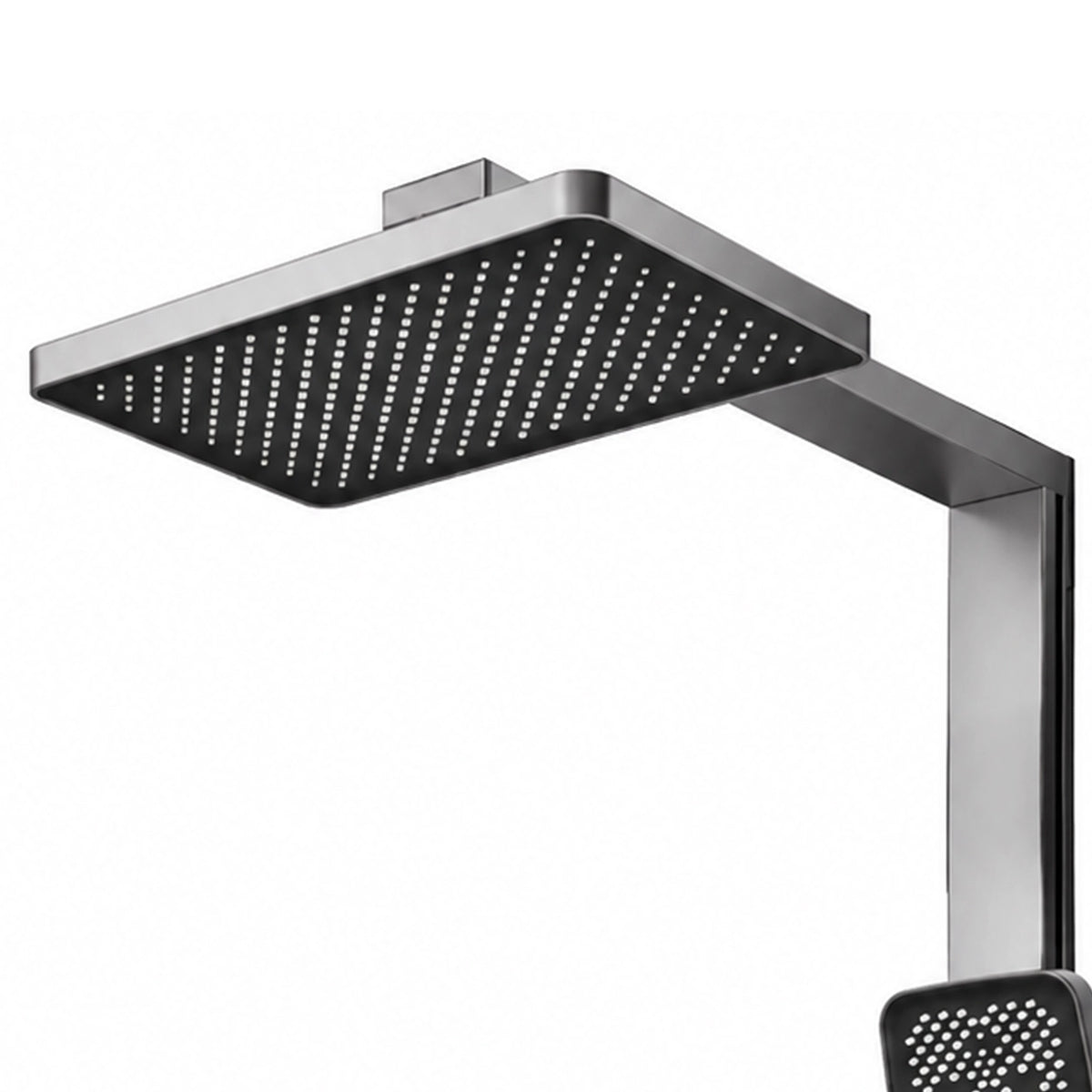 Square overhead rain shower head close‑up, dense nozzles design
