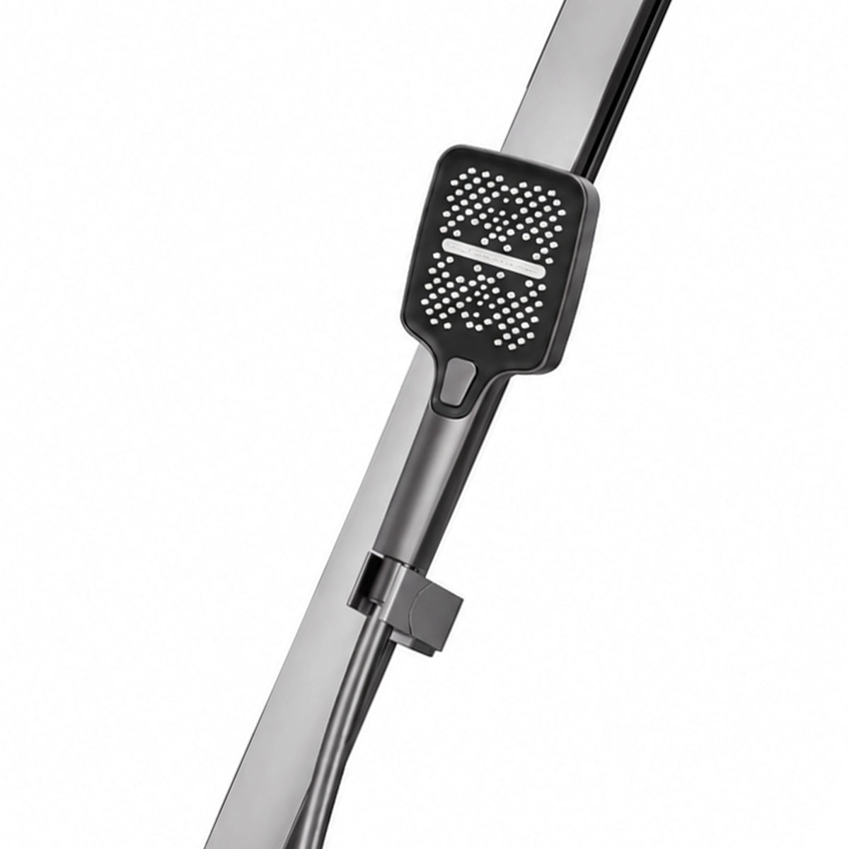 Square handheld shower head close‑up, multi‑spray nozzle