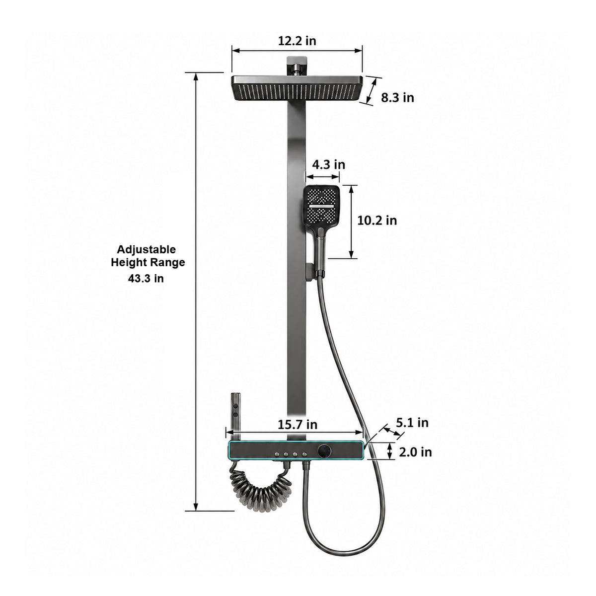 Gray digital shower system, adjustable height 43.3 in; rain head 12.2 in × 8.3 in; handheld shower 10.2 in; control panel 15.7 in × 2.0 in