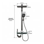 Gray digital shower system, adjustable height 43.3 in; rain head 12.2 in × 8.3 in; handheld shower 10.2 in; control panel 15.7 in × 2.0 in